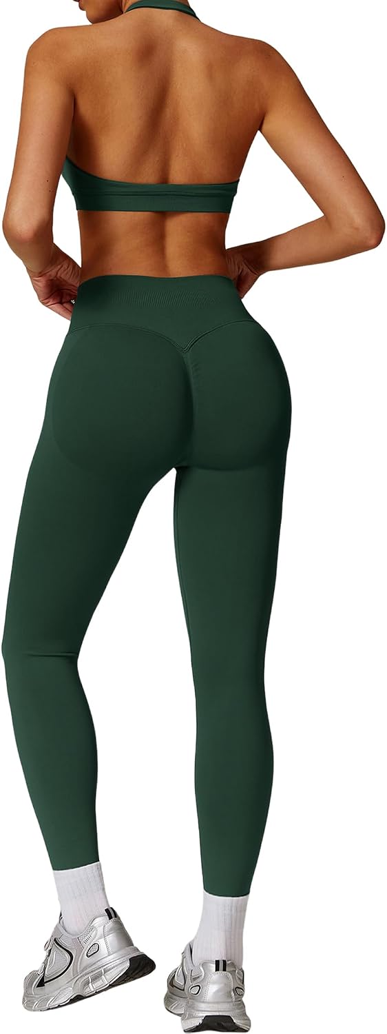 Women's Seamless Workout Set Halter Bra Leggings Green