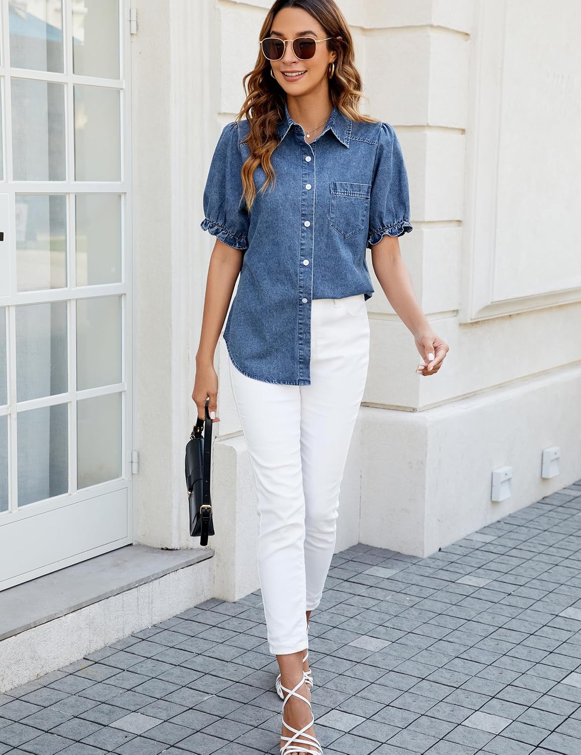 Women's Puff Short Sleeve Denim Shirt Button Down Blue