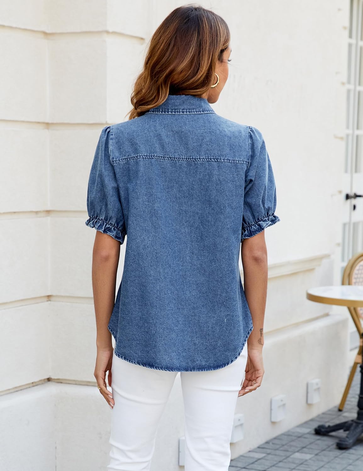 Women's Puff Short Sleeve Denim Shirt Button Down Blue