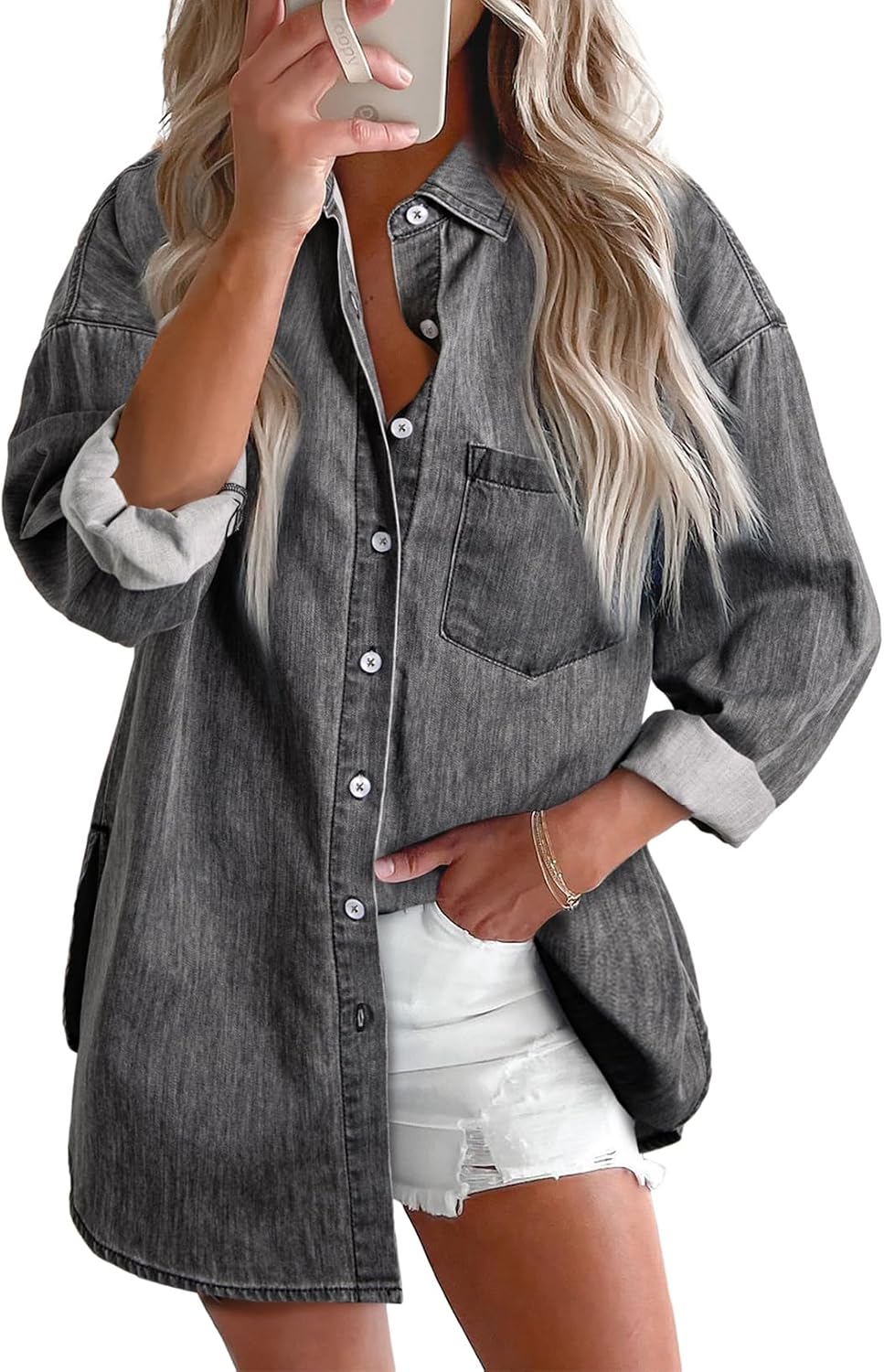Women's Washed Denim Button Down Shirt Oversized Collared