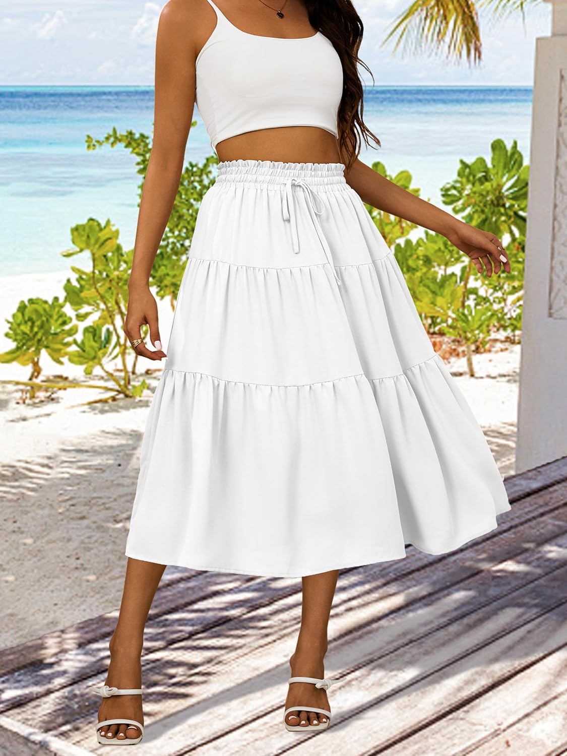 Womens Boho Midi Skirts A-Line Tiered Flared Ruffle Casual Flowy Skirt Beach Vacation Wear Dress