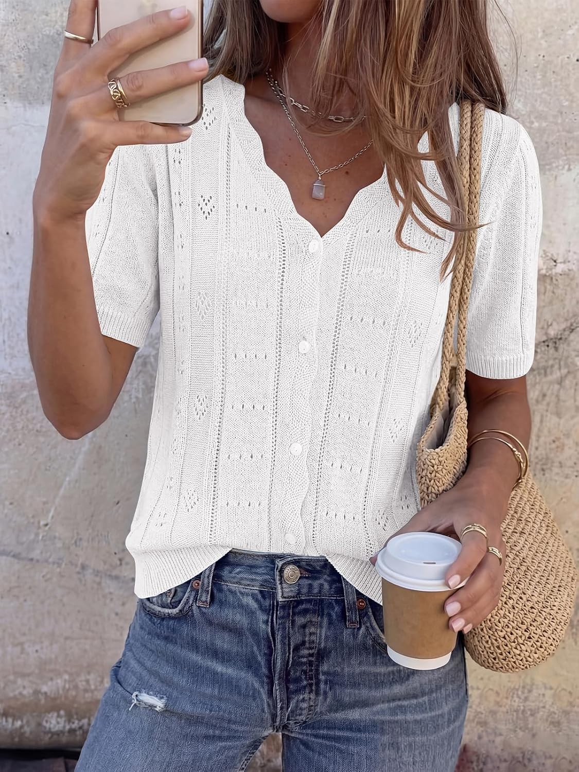 Womens Short Sleeve Crochet Knit Sweater Summer Fashion Button Down Cardigans Tops