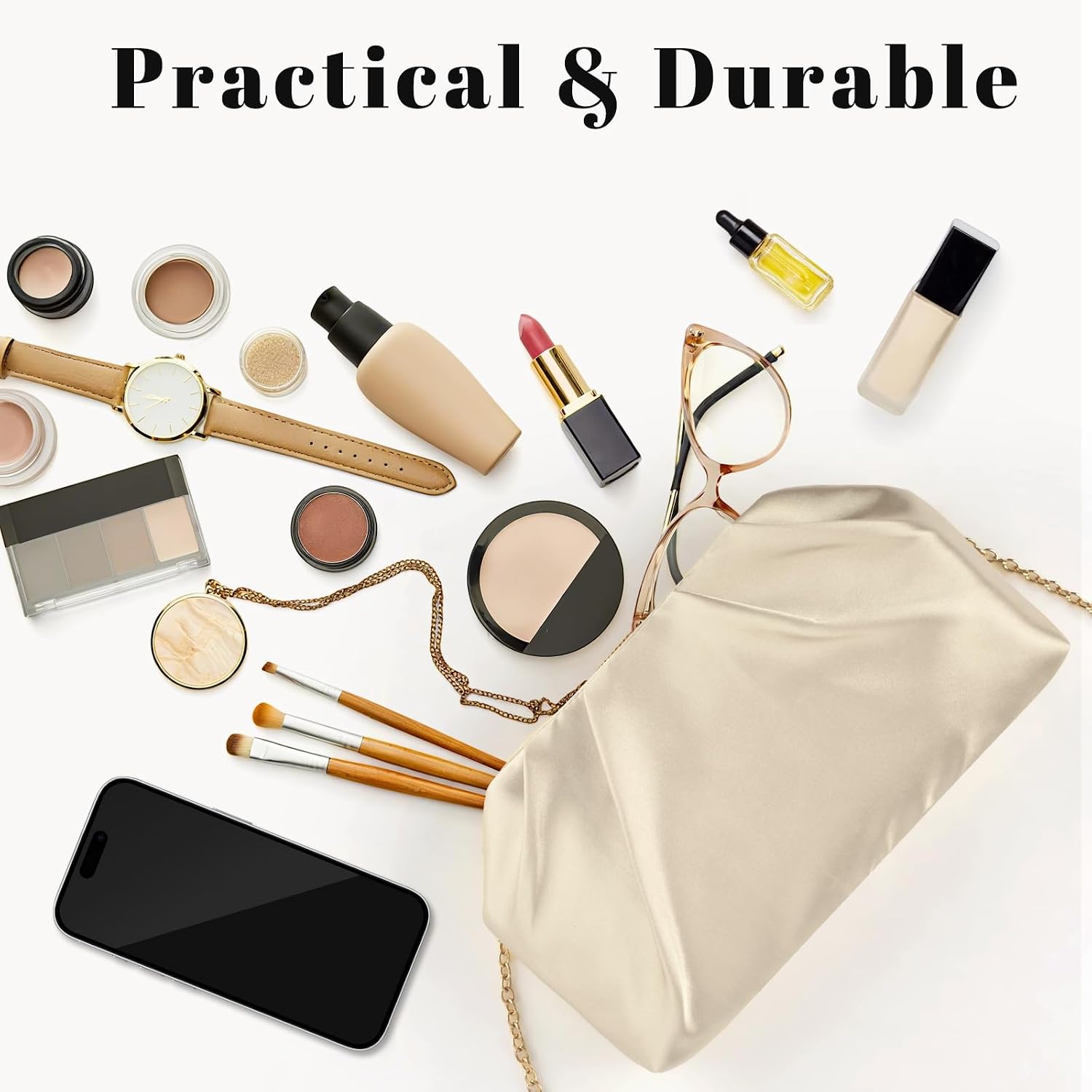 Women's Satin Pleated Clutch Purse with Gold Ring Handle Women's Satin Pleated Clutch Purse with Gold Ring Handle