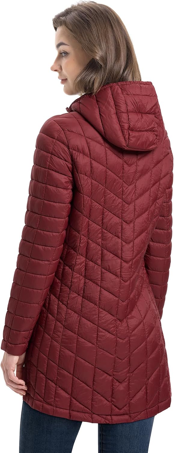 Women's Lightweight Hooded Diamond Quilted Puffer Coat Burgundy