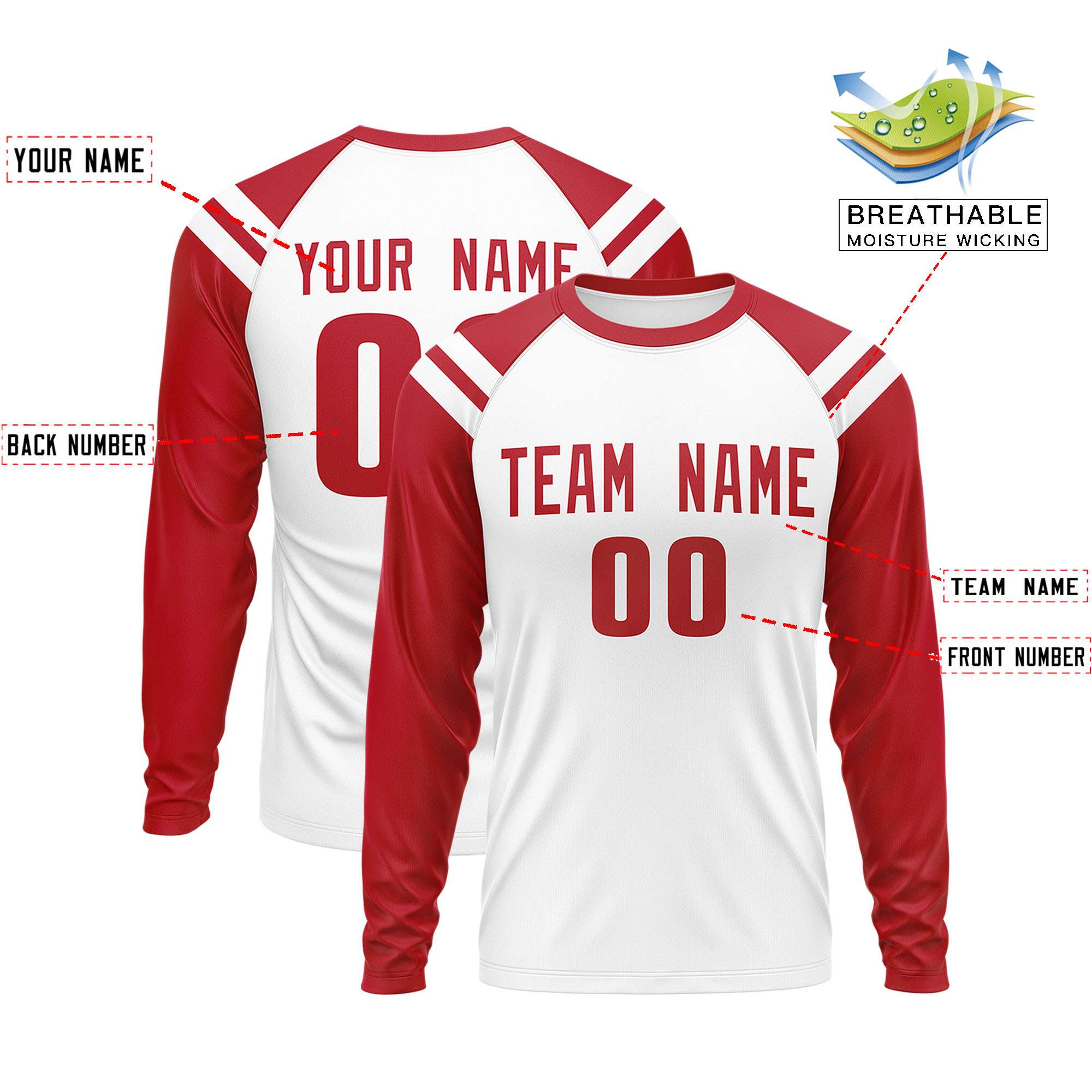 Personalisiertes Raglan-Langarm-Performance-T-Shirt mit individuellem Rundhalsausschnitt