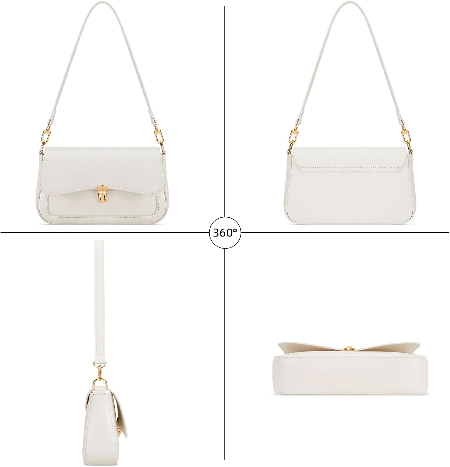 Women's White PU Flap Shoulder Bag Gold Lock