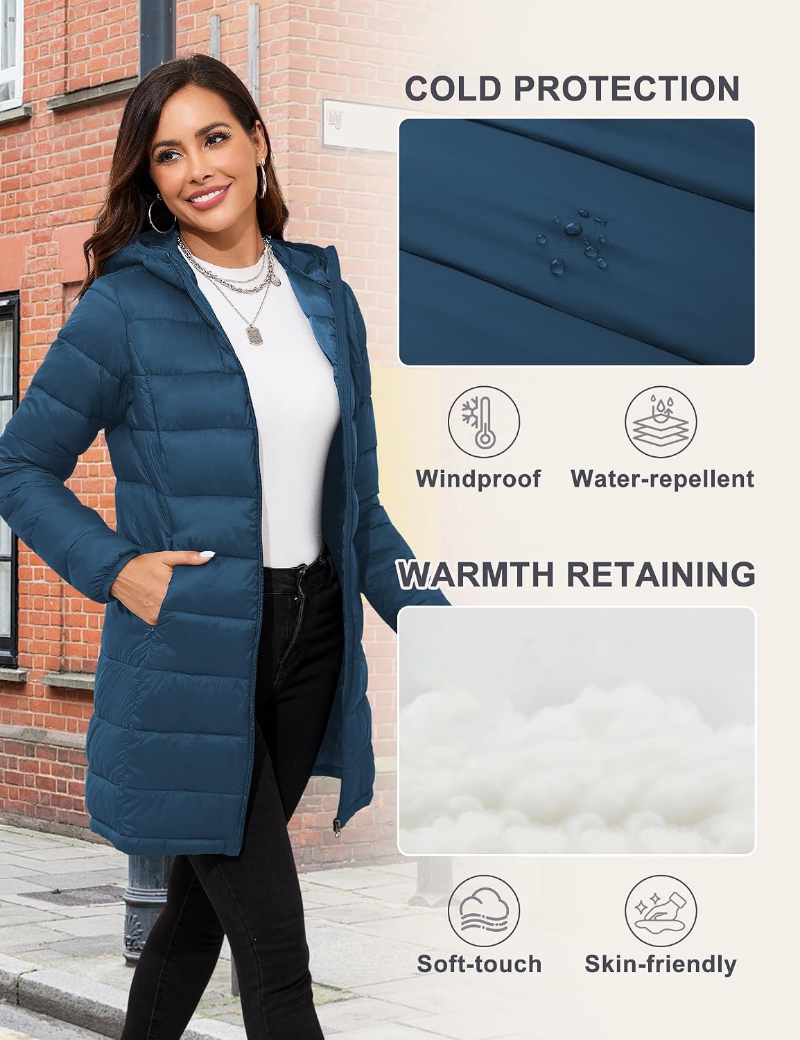 Women's Packable Long Hooded Puffer Jacket Teal Blue