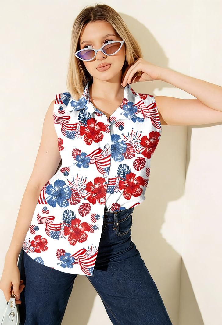 Women's American Flag Sleeveless Button Down Collared Shirt