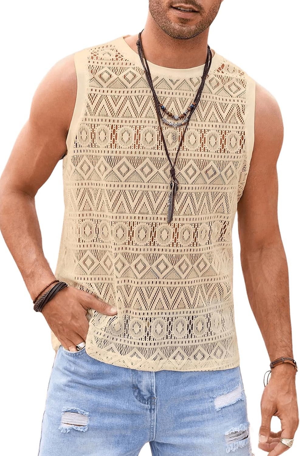 Men's Crochet Lace Tank Top Open Knit Apricot