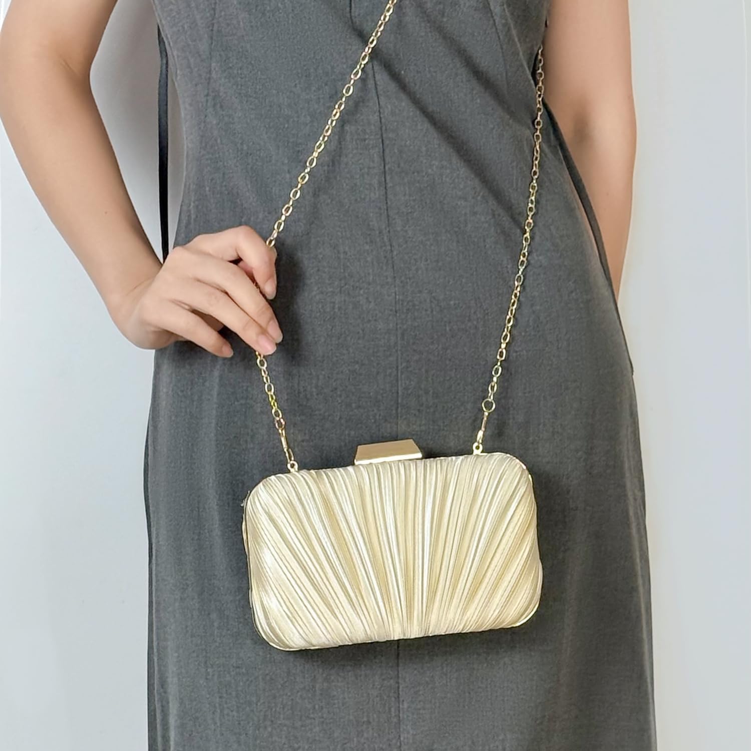 Women's Pleated Satin Clutch Evening Bag with Gold Chain