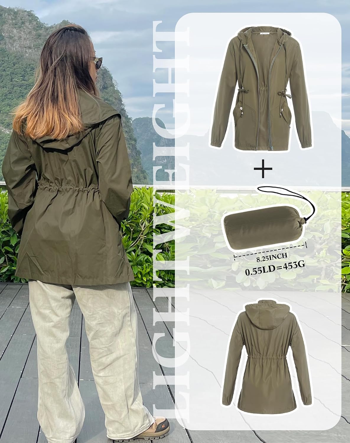 Women's Long Hooded Rain Jacket Waterproof Army Green