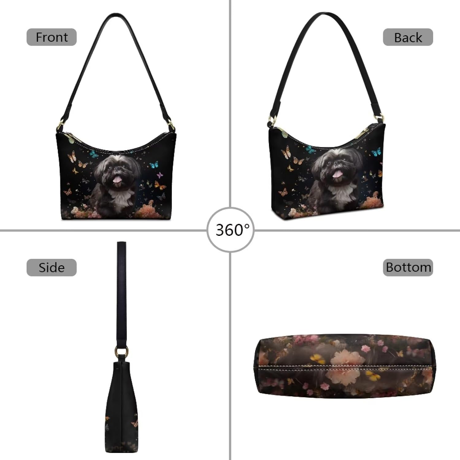 Women's Shih Tzu Print Crescent Shoulder Bag with Zipper