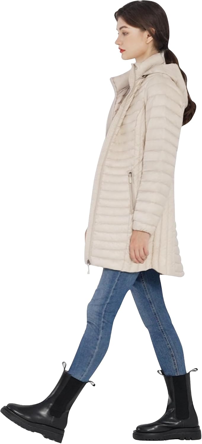 Women's Ultralight Hooded Long Down Coat Beige