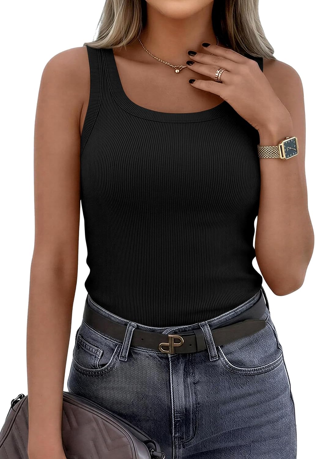 Women's Ribbed Scoop Neck Slim Fit Tank Top Black