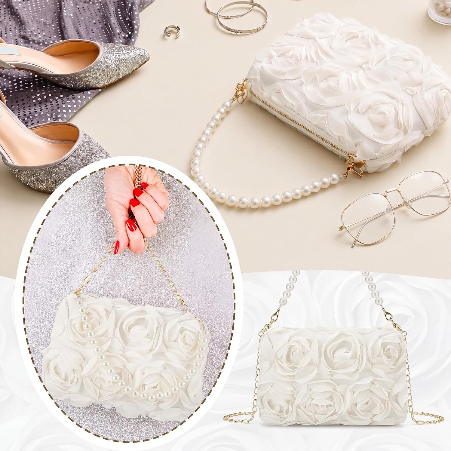 Women's Satin Rosette Clutch with Pearl Handle and Chain