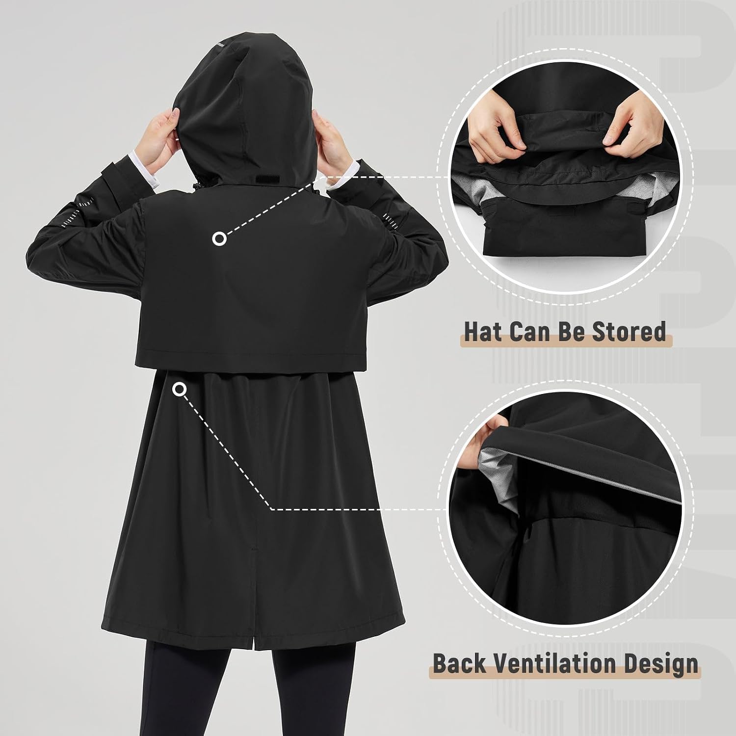 Women's Long Waterproof Rain Coat Packable Hood Black