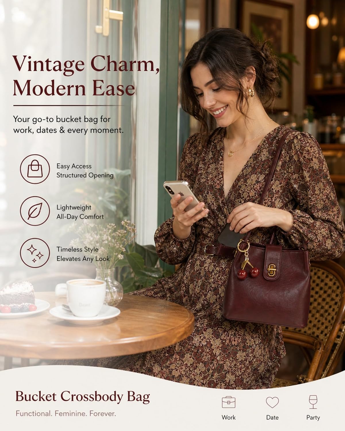 Women's Vegan Leather Bucket Bag with Cherry Charm Burgundy Women's Vegan Leather Bucket Bag with Cherry Charm Burgundy