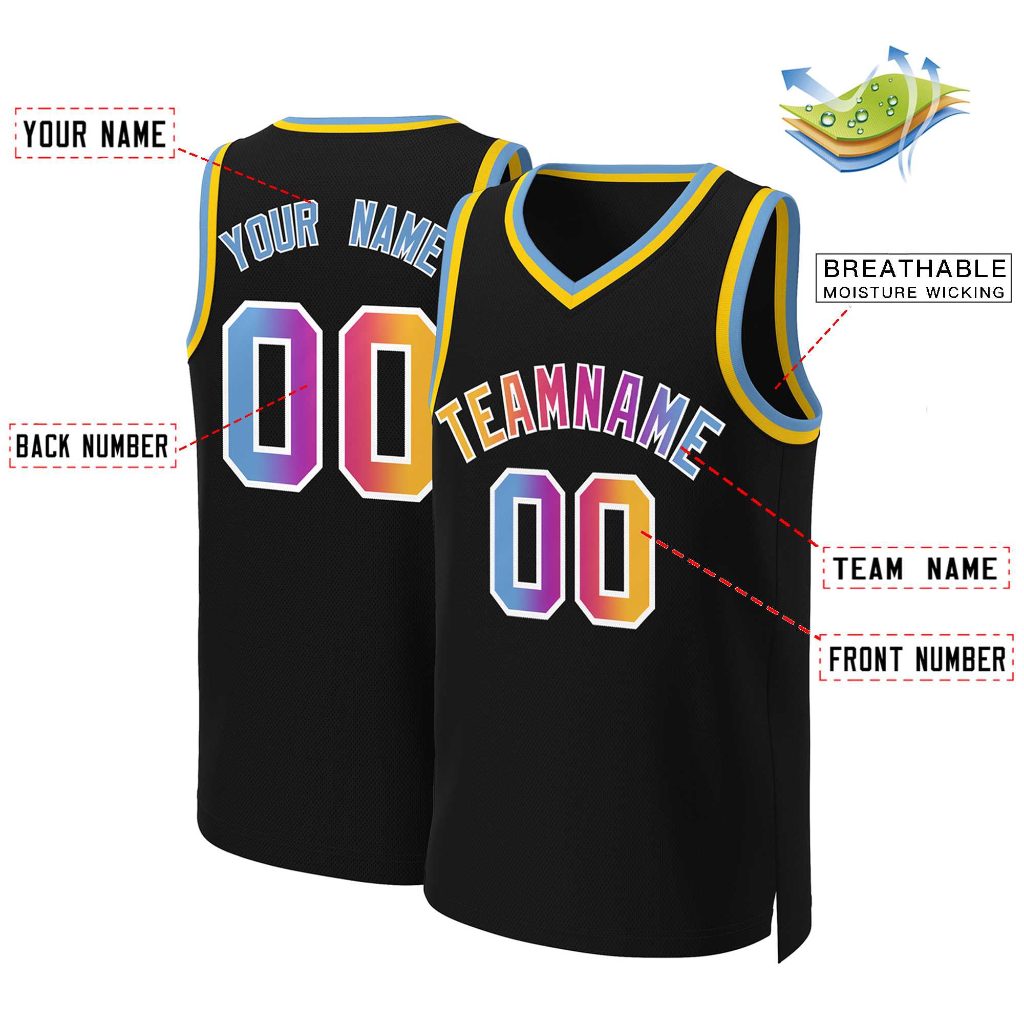 Benutzerdefiniertes Basketballtrikot mit klassischem Farbverlauf und modischen Oberteilen