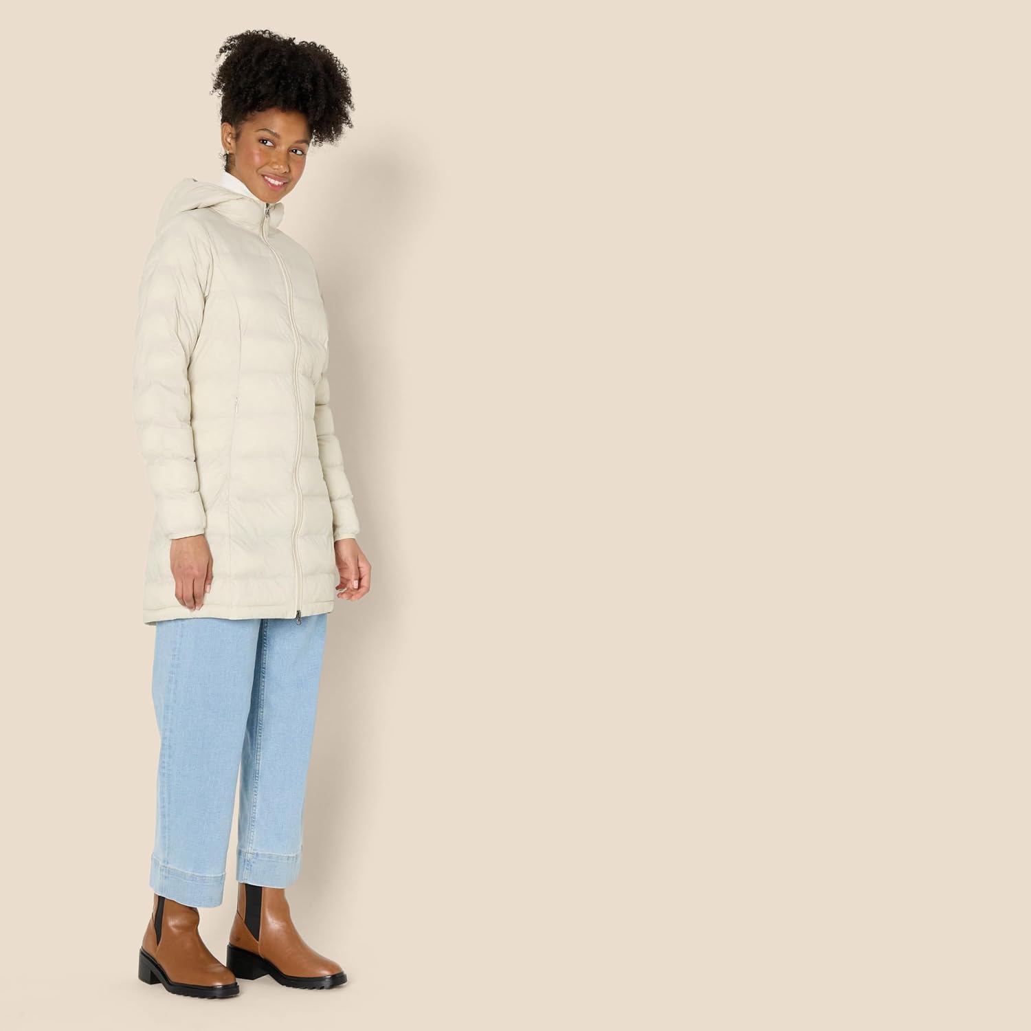 Women's Long Hooded Puffer Coat Lightweight Cream