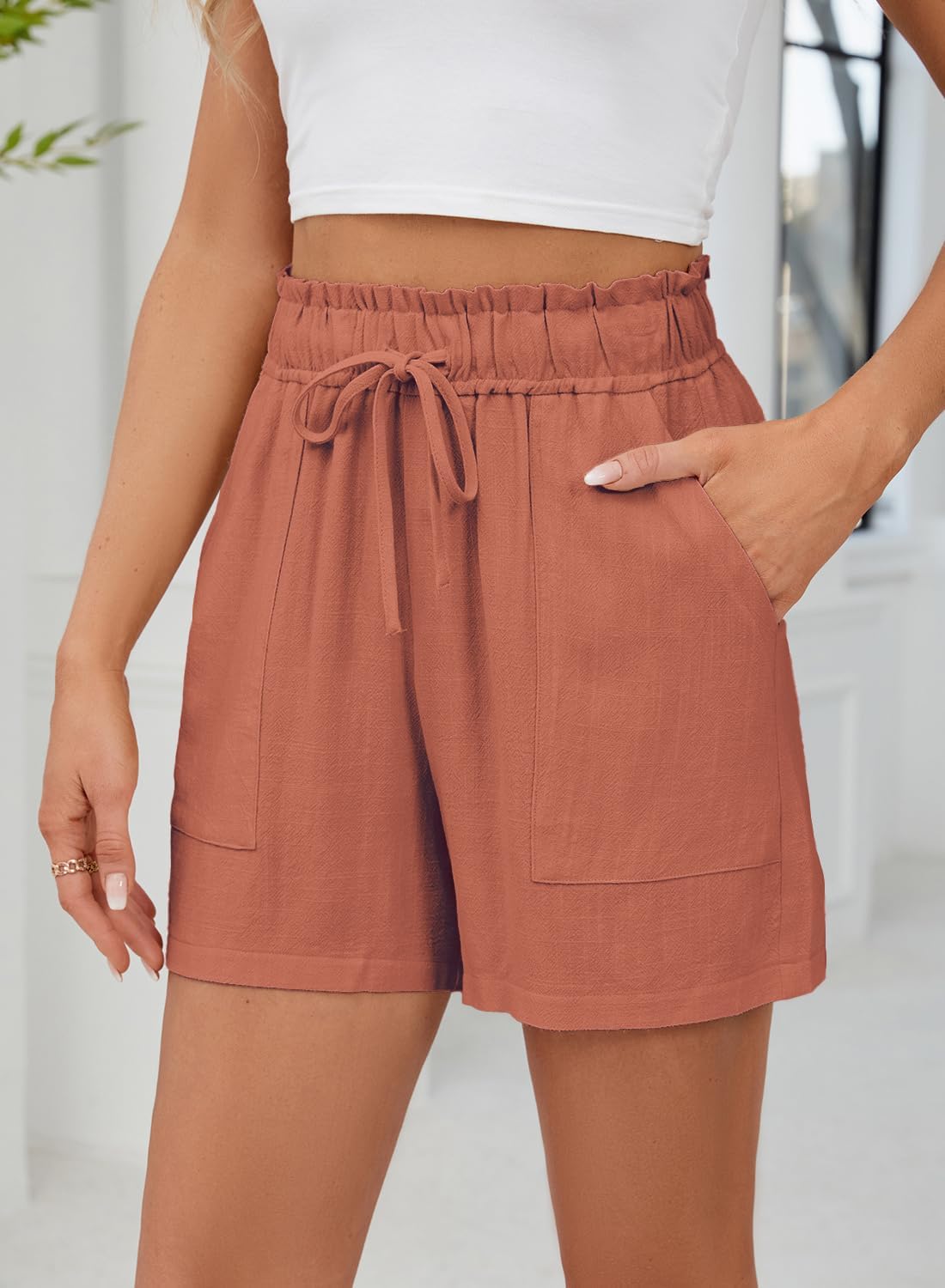 High Waisted Linen Shorts for Women Pockets Beach Vacation Resort Wear Casual Summer Lounge