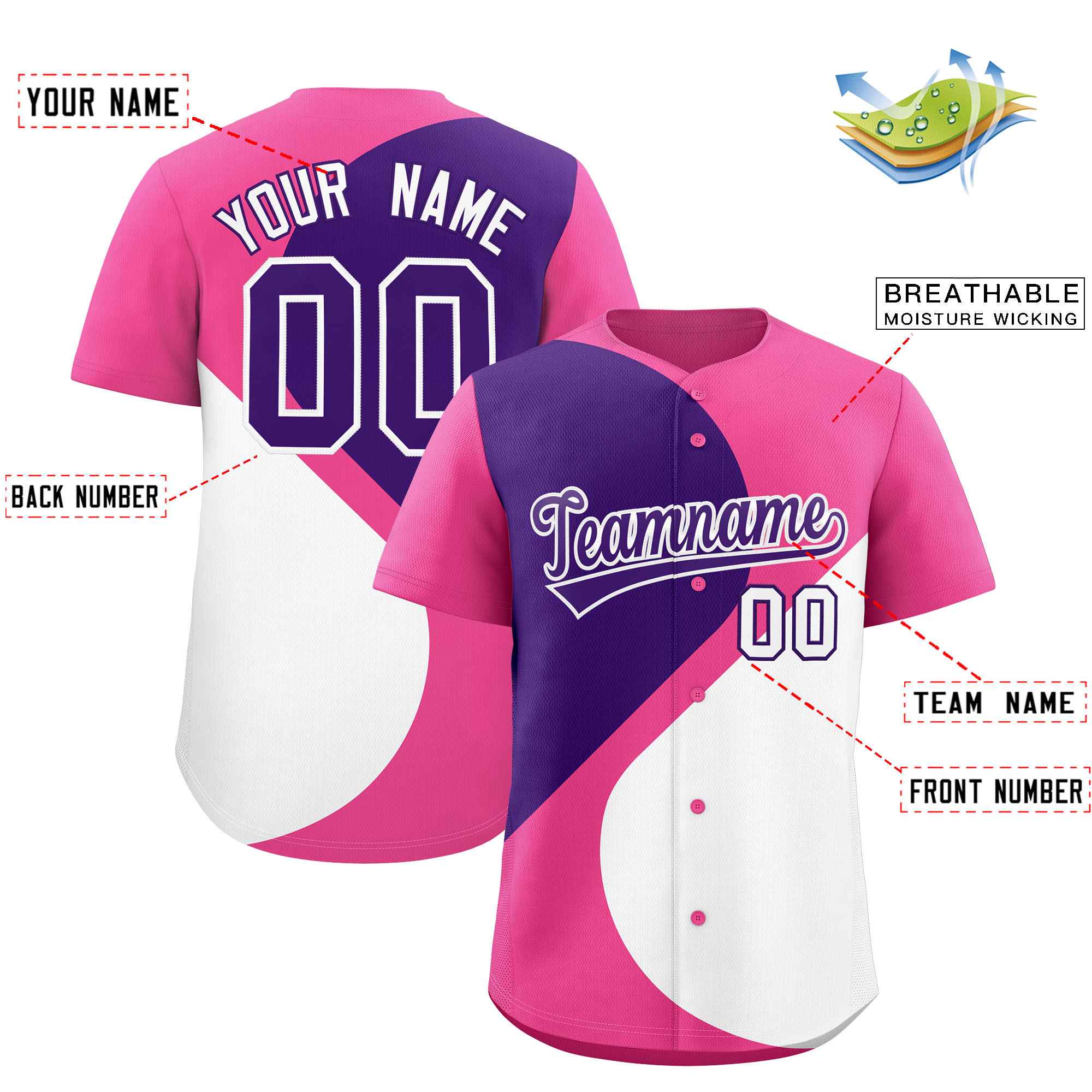 Benutzerdefiniertes, personalisiertes, authentisches Baseball-Trikot mit halbem Herzmuster und Farbblock