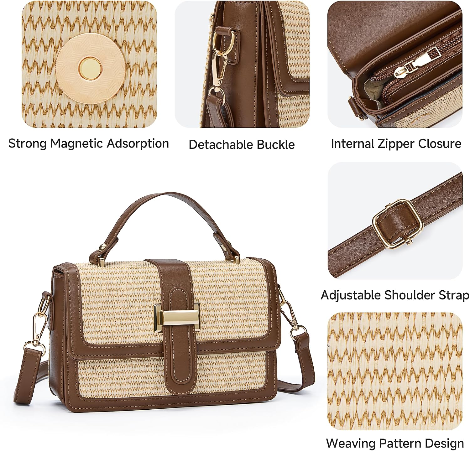 Women's Straw Woven Crossbody Bag with Top Handle Brown