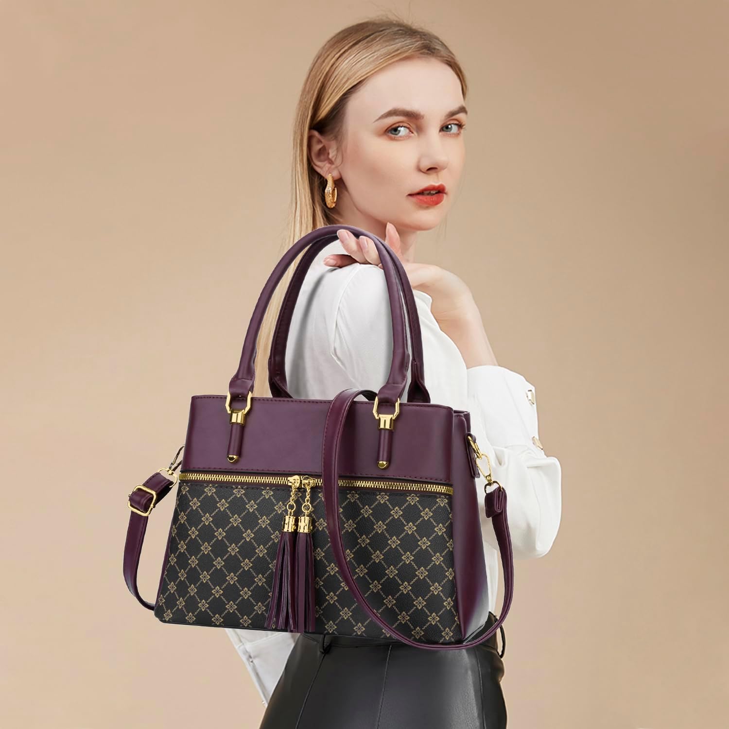 Women's Diamond Jacquard Top Handle Satchel Bag Plum Women's Diamond Jacquard Top Handle Satchel Bag Plum