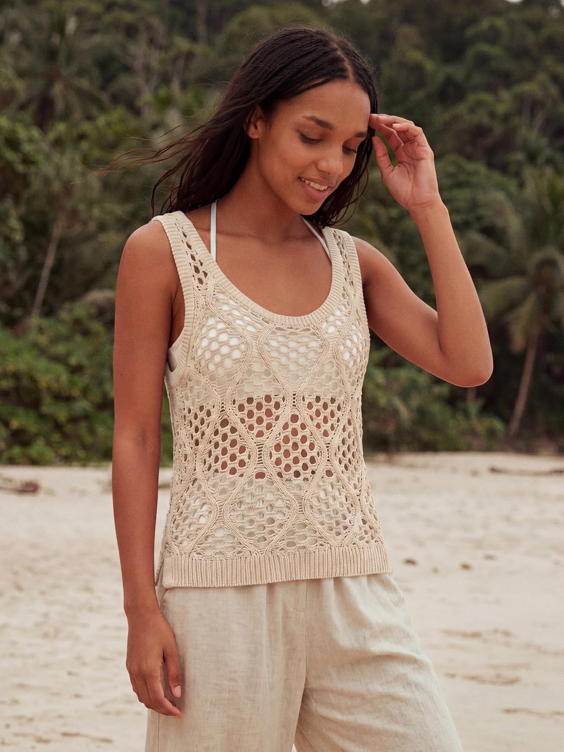 Women's Beige Crochet Scoop Neck Sweater Tank