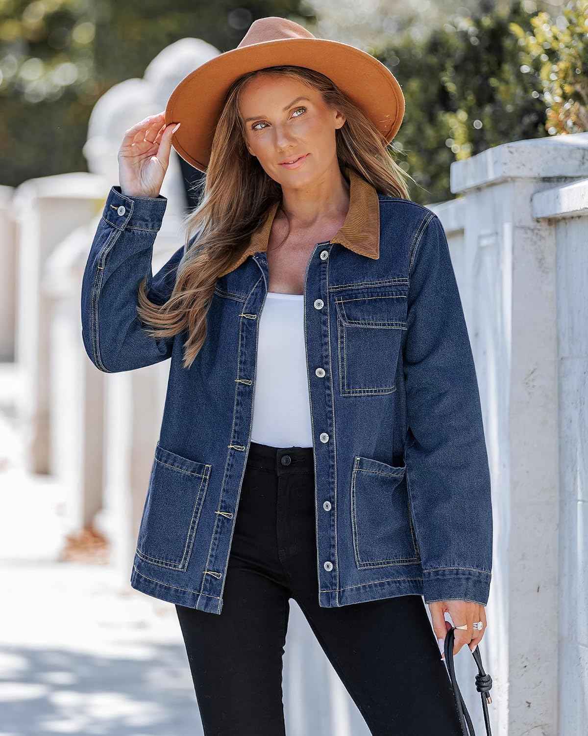 Jean Jacket Women Trendy Button Down Contrast Corduroy Collar Fit Denim Barn Jackets with Pockets