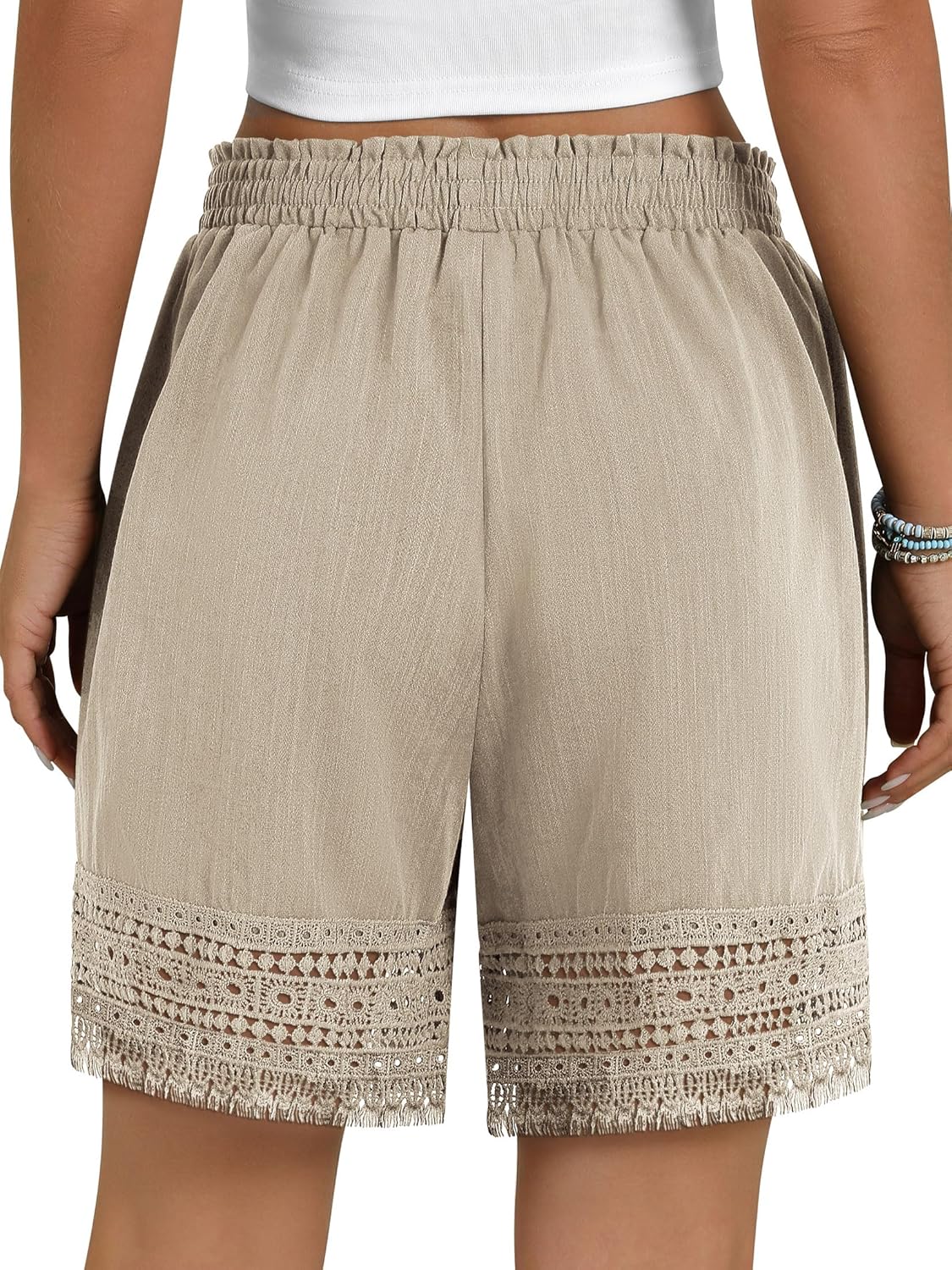 Women's Casual Elastic Waist Lounge Shorts Stretch Lace Trim Summer Beach Linen Ruffle
