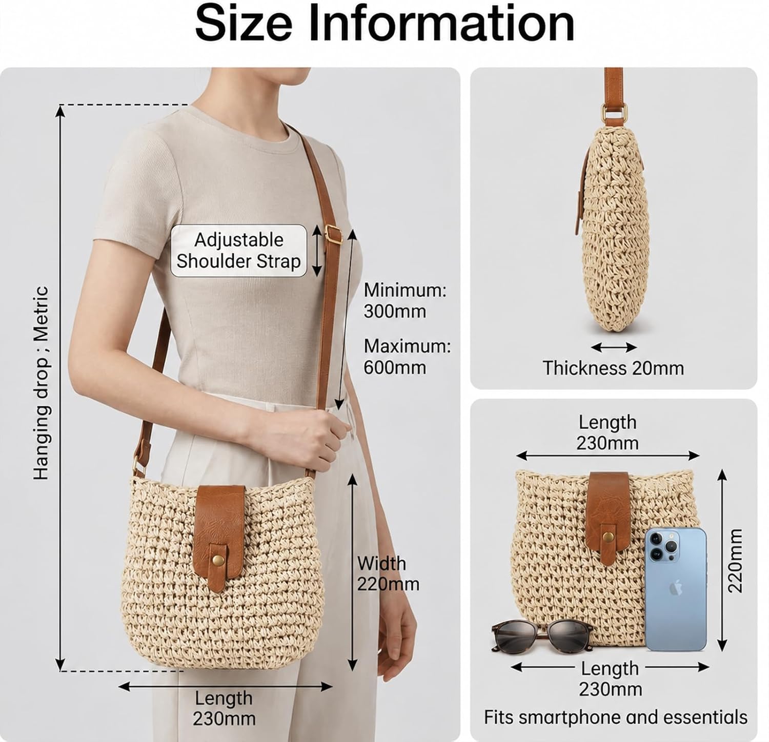 Women's Handwoven Straw Crossbody Bag with Brown Trim Women's Handwoven Straw Crossbody Bag with Brown Trim