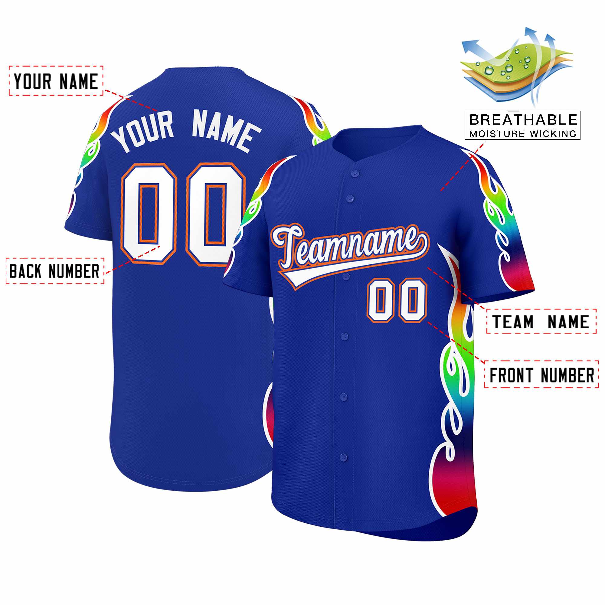 Benutzerdefiniertes Graffiti-Muster, personalisierter mehrfarbiger Flammendruck, authentisches Baseball-Trikot