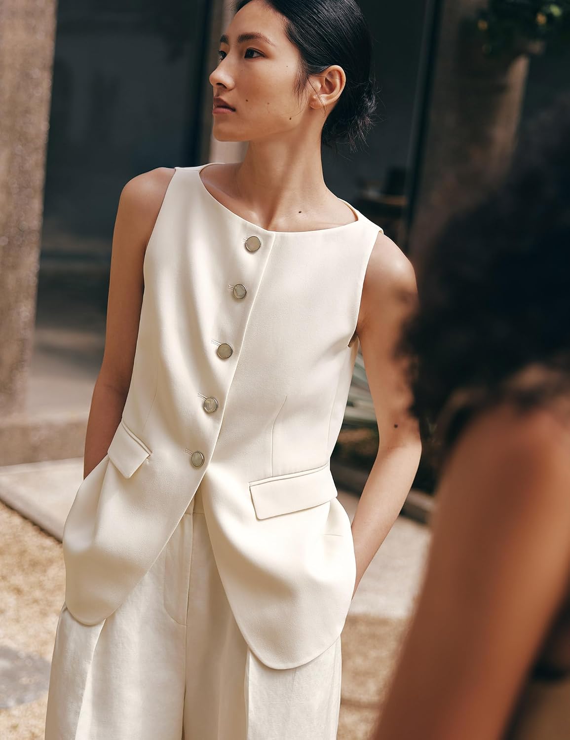 Women's Silk Blazer Vest Button Front Boatneck Ivory Waistcoat