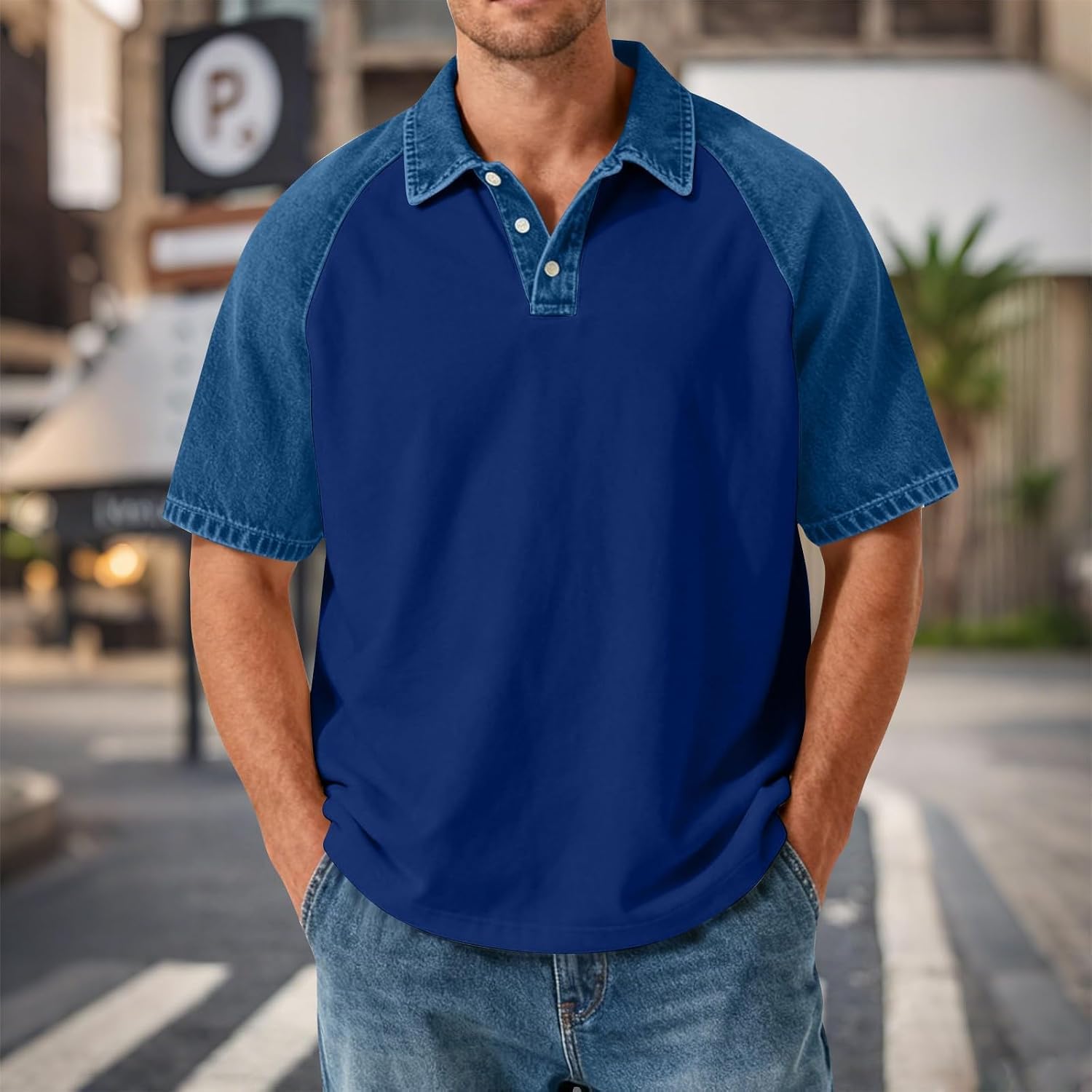Men's Faux Denim Polo Shirt Color Block Blue Men's Faux Denim Polo Shirt Color Block Blue