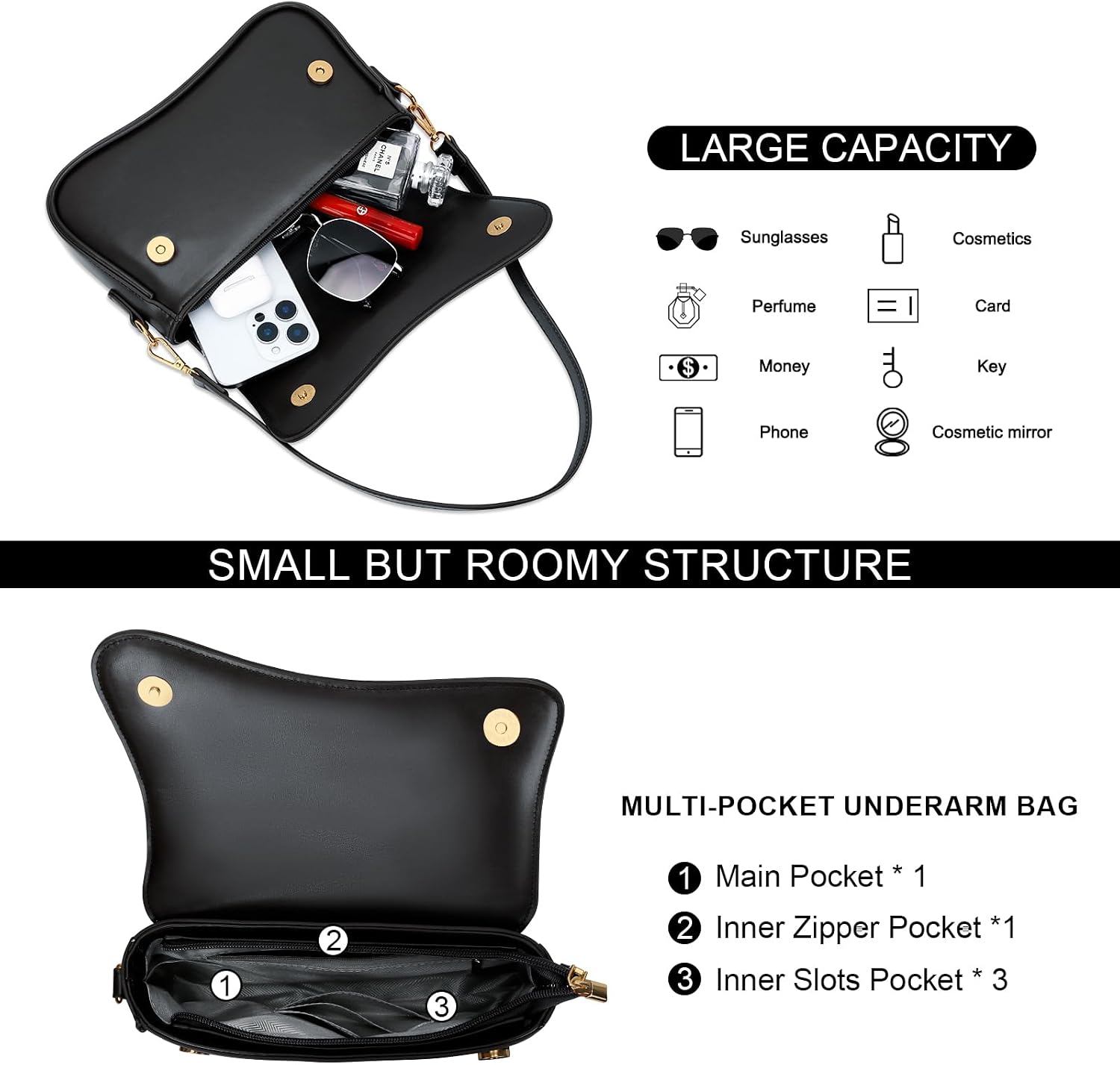 Women's Black PU Saddle Shoulder Bag Gold Buckle
