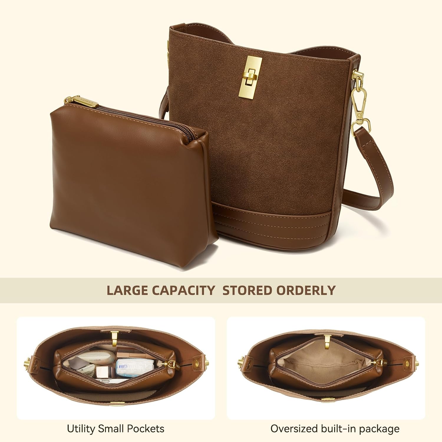 Women's Faux Suede Bucket Bag with Gold Lock Brown Women's Faux Suede Bucket Bag with Gold Lock Brown