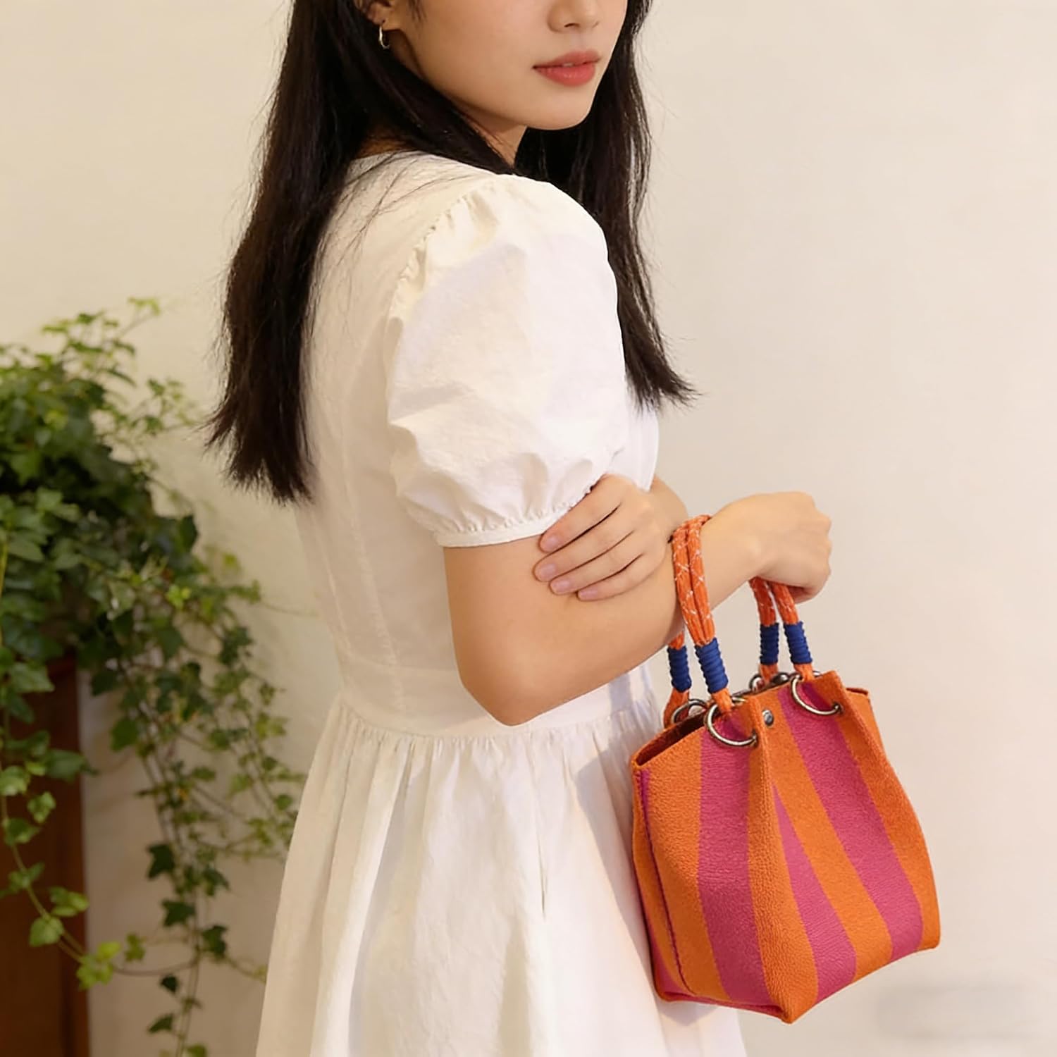 Women's Knit Striped Mini Bucket Tote Orange