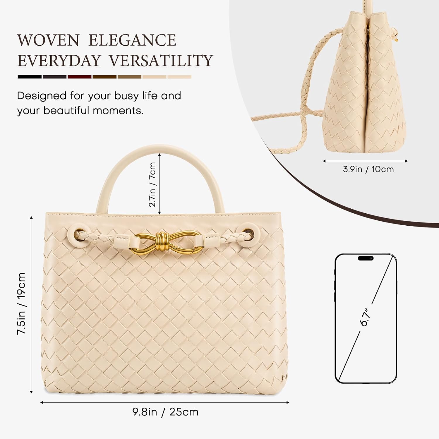 Women's Woven Vegan Leather Top-Handle Bag, Cream