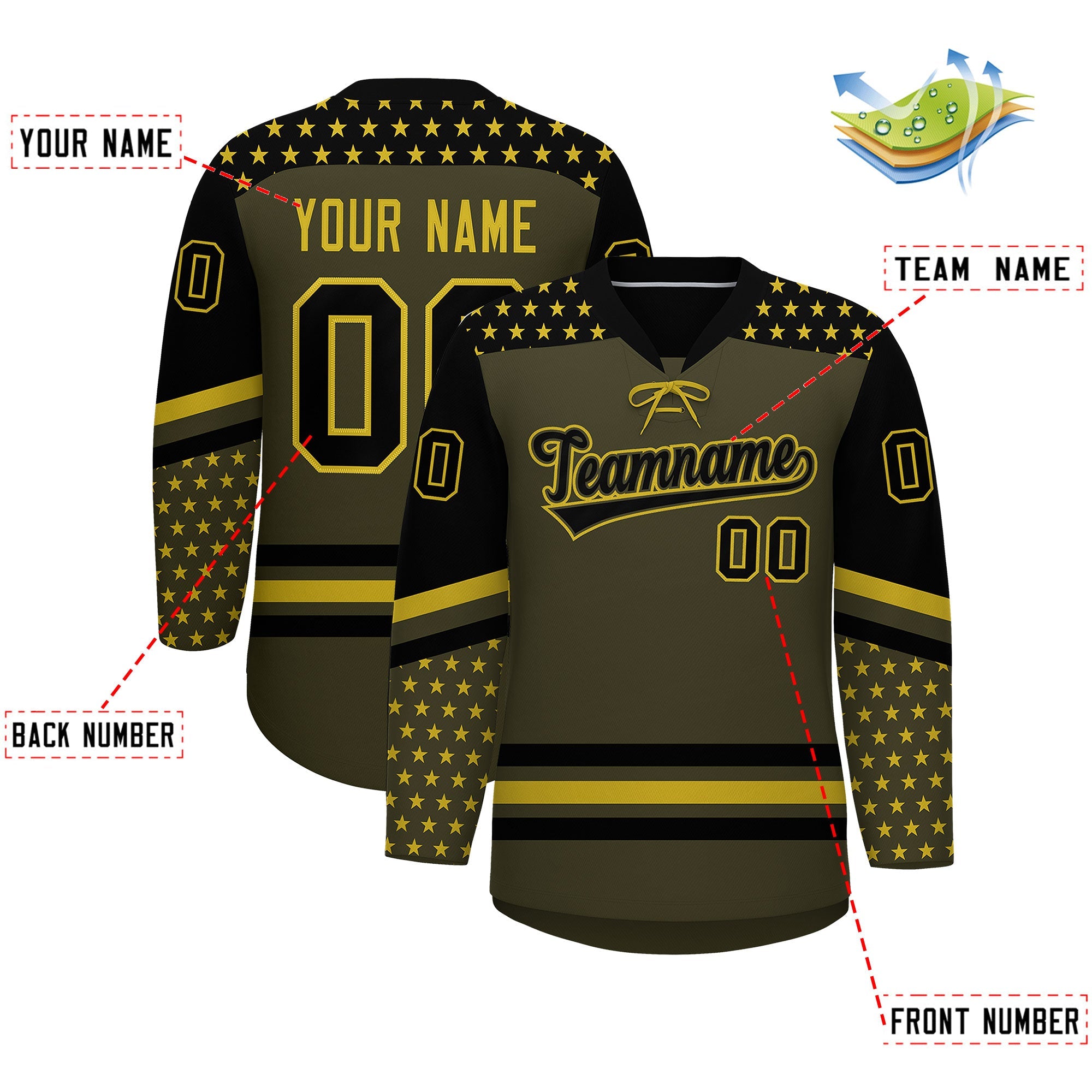 Custom Olive Black Old Gold Star Series Personalization Lace-Up Neck Hockey Jersey