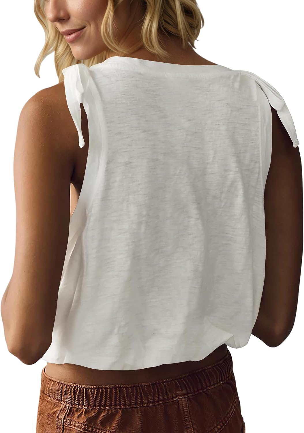 Women V Neck Bow Knot Tie Shoulder Sleeveless Solid Loose Bubble Crop Tank