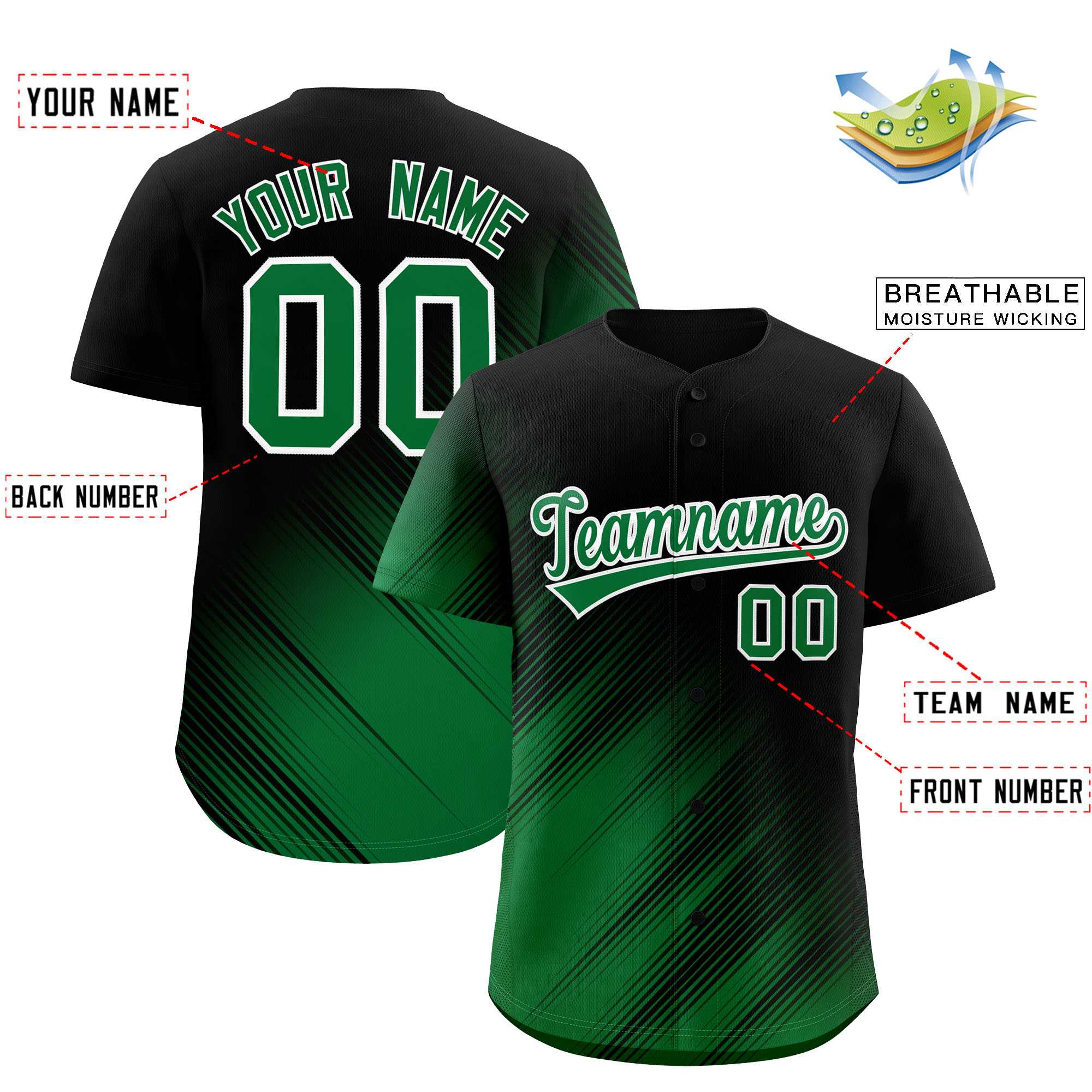Benutzerdefinierte schwarze Kelly Green Diagonal Stripe personalisierte Farbverlauf Mode Baseball Jersey