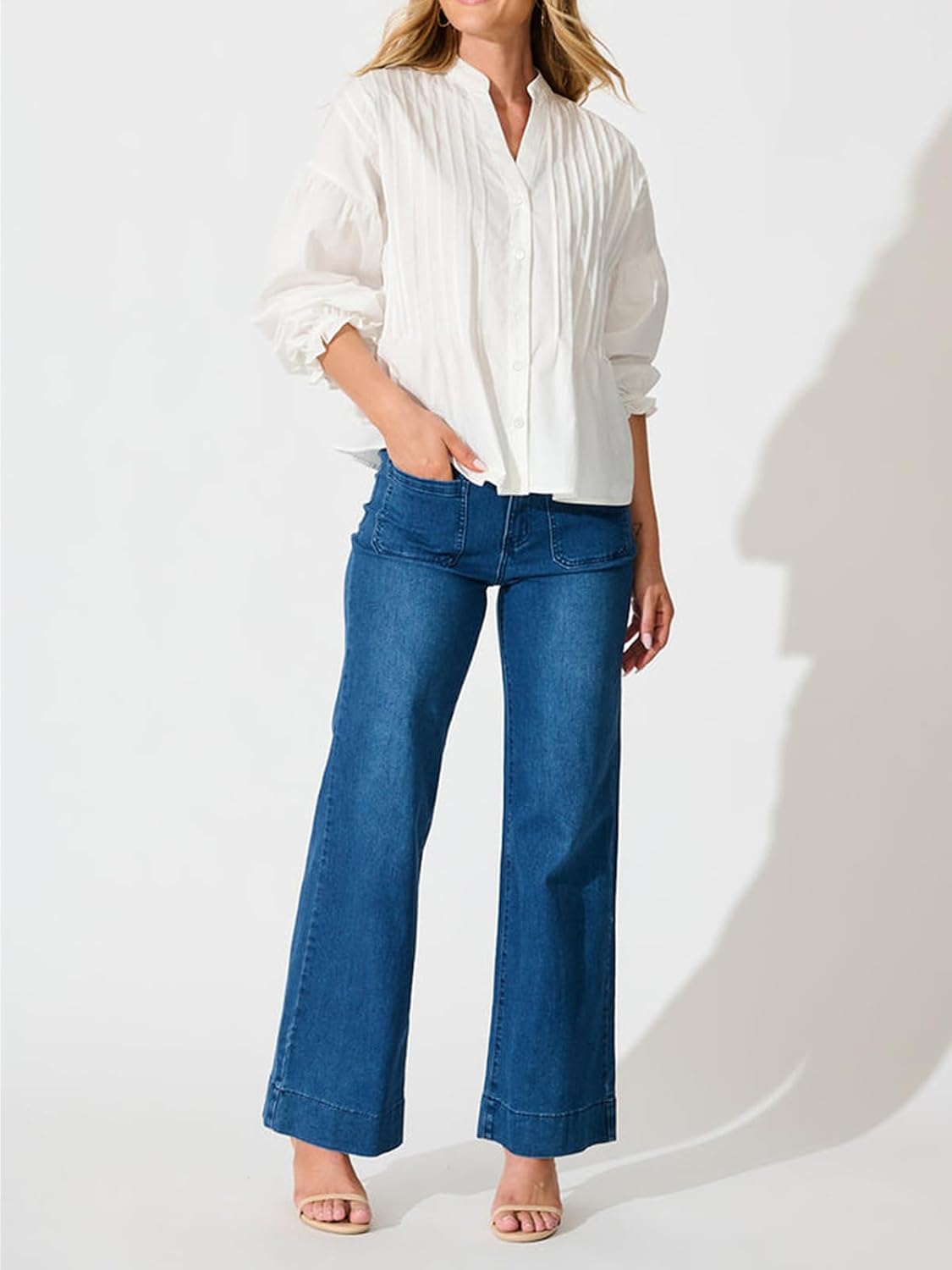 Women's Button Down Shirts Mandarin Collar V Neck Long Sleeve Blouse Pleated Shirt