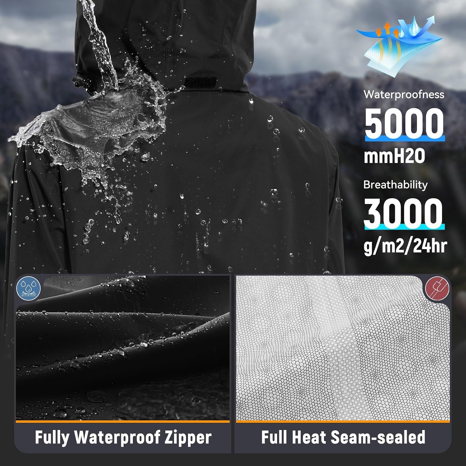 Women's Long Waterproof Rain Coat Packable Hood Black
