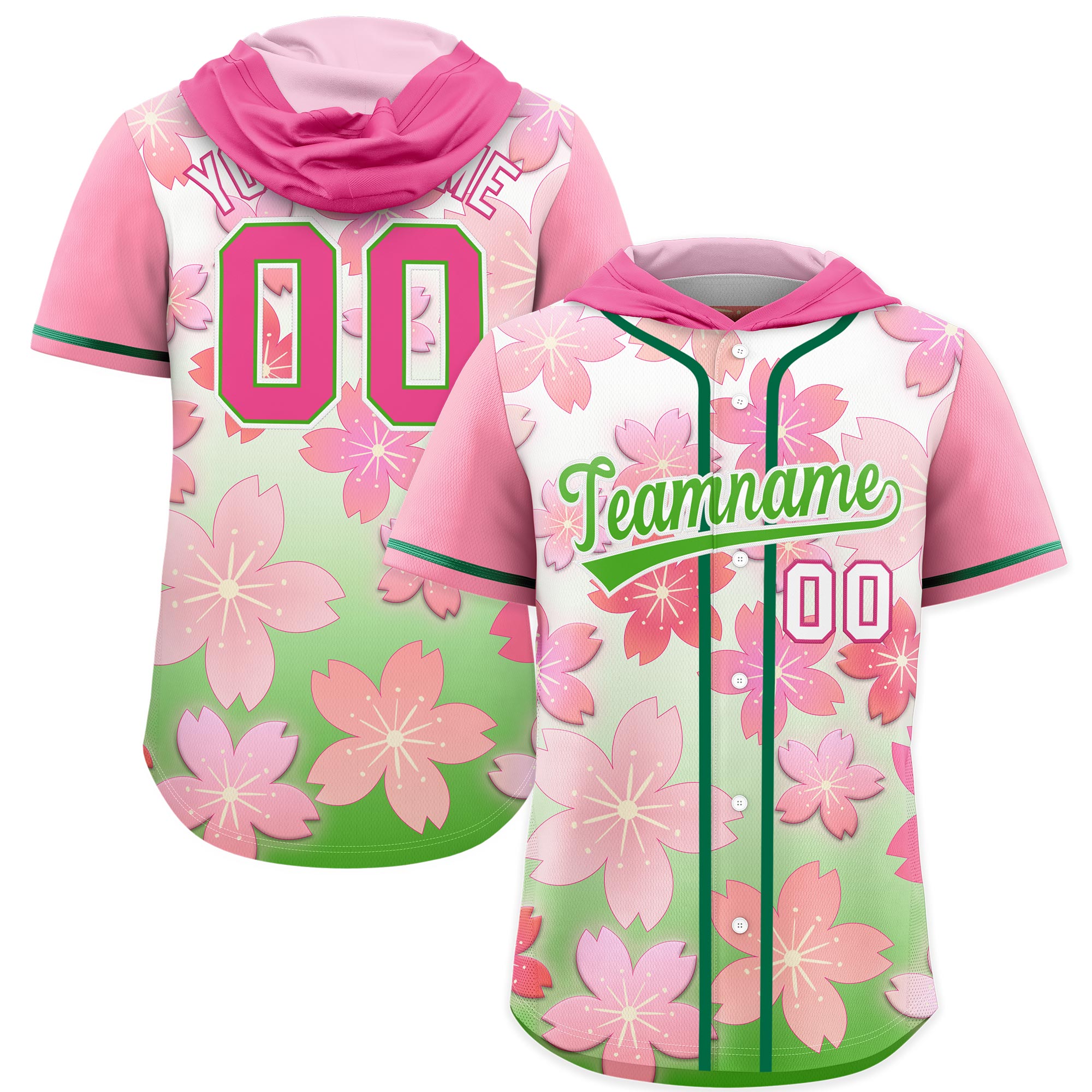 Benutzerdefinierte rosa hellgrüne Kirschblüten Raglanärmel, schnell trocknendes Baseball-Kapuzentrikot
