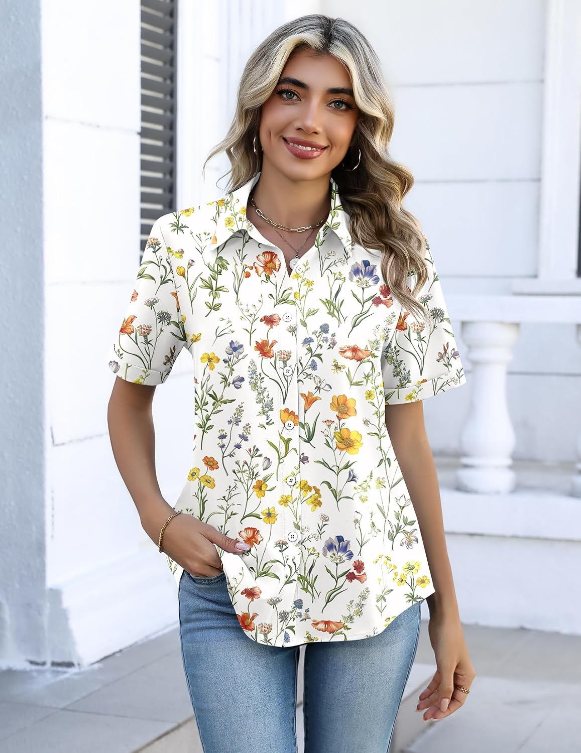 Button Down Shirts for Women Short Sleeve Collared Tops Dressy V Neck Blouses