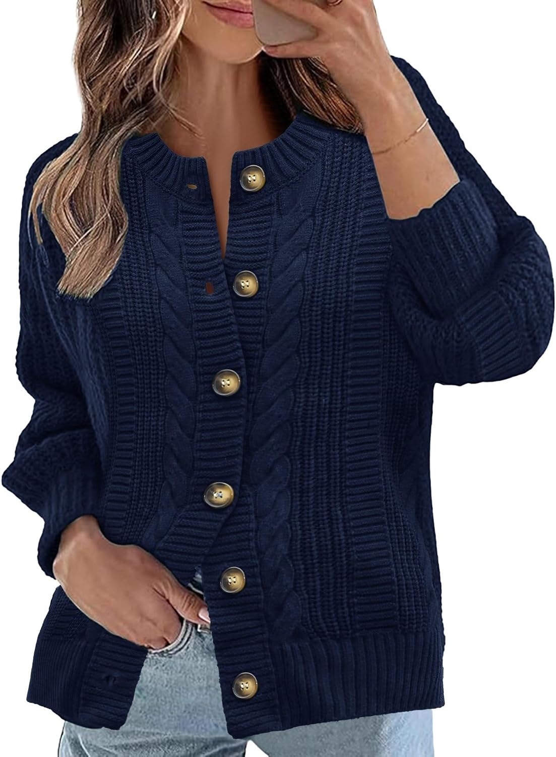 Women's Cable Knit Cardigan Open Front Sweater Casual Long Sleeve Button Coats Outerwear