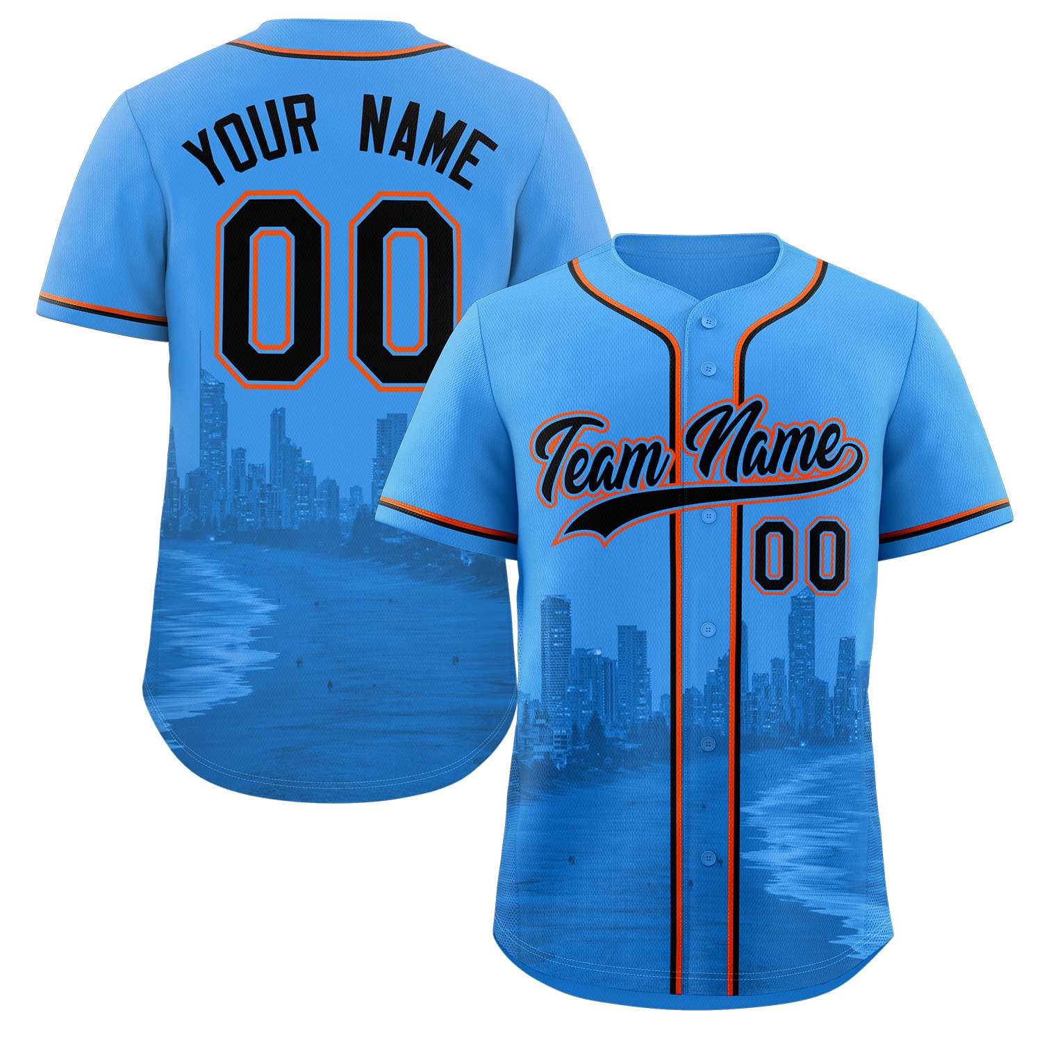 Benutzerdefiniertes Schwarz-Pulverblaues Miami City Skyline Baseball-Trikot