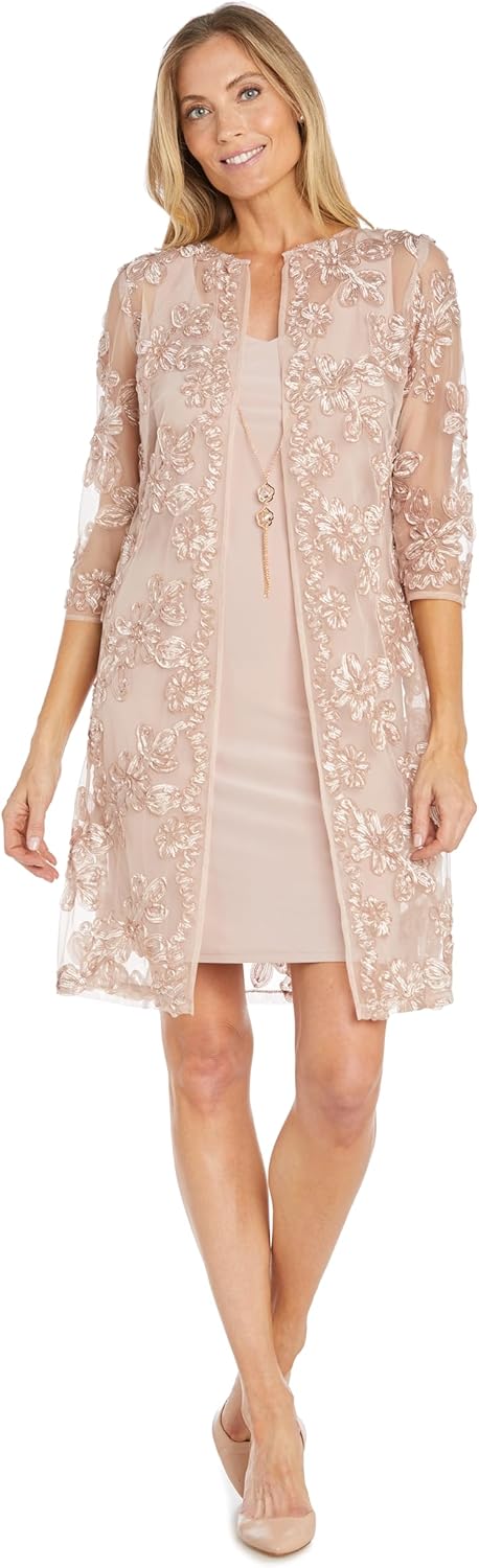 Women's Embellished Soutache Jacket & Sheath Dress Set W\/Necklace Formal Outfit