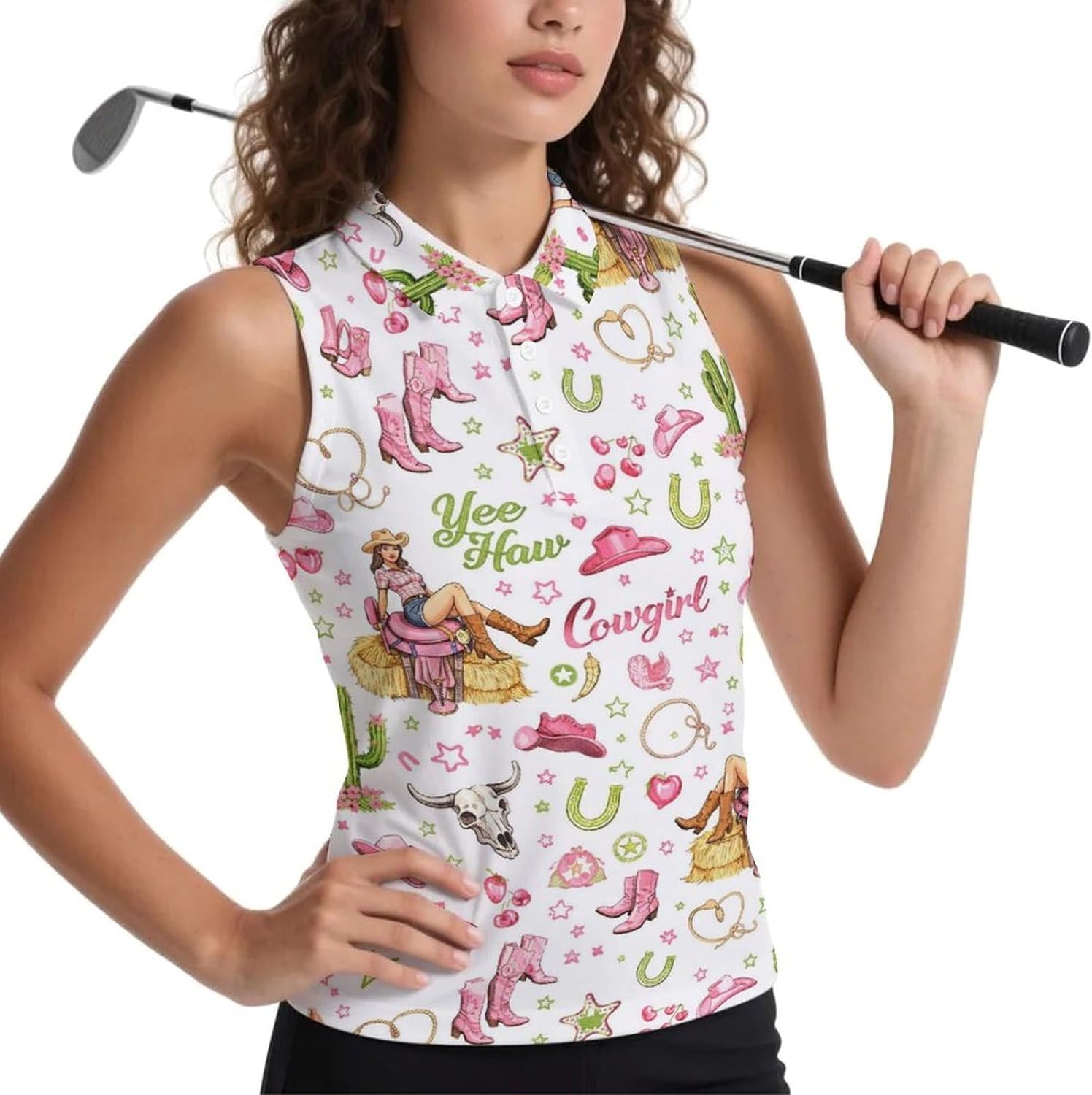 Women's Sleeveless Golf Polo Tank Cowgirl Print UPF 50