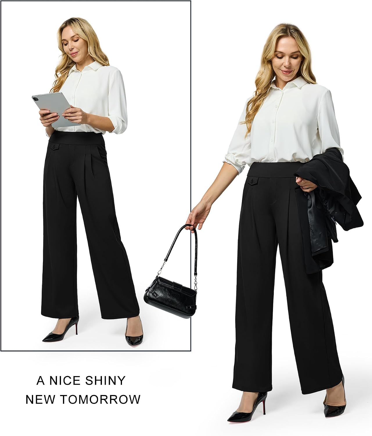 Women's High Waist Wide Leg Work Pants Drawstring Black